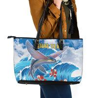 Personalized Barbados Fish Flying Leather Tote Bag With Stormy Sea Wave - Wonder Print Shop