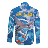 Personalized Barbados Fish Flying Long Sleeve Button Shirt With Stormy Sea Wave - Wonder Print Shop