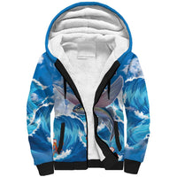 Personalized Barbados Fish Flying Sherpa Hoodie With Stormy Sea Wave - Wonder Print Shop