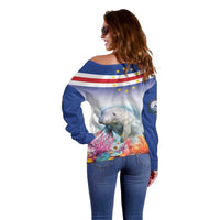 Cape Verde Manatee Off Shoulder Sweater Coral Reef With Flag Style - Wonder Print Shop