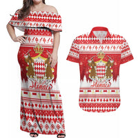 Monaco Christmas Couples Matching Off Shoulder Maxi Dress and Hawaiian Shirt Joyeux Noel Coat Of Arms - Wonder Print Shop