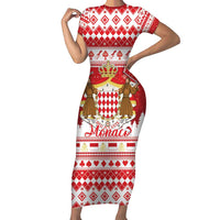 Monaco Christmas Short Sleeve Bodycon Dress Joyeux Noel Coat Of Arms - Wonder Print Shop