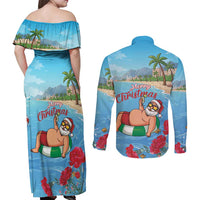 Monaco Christmas Couples Matching Off Shoulder Maxi Dress and Long Sleeve Button Shirt Swimming Santa Claus - Wonder Print Shop