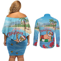 Monaco Christmas Couples Matching Off Shoulder Short Dress and Long Sleeve Button Shirt Swimming Santa Claus - Wonder Print Shop