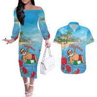 Monaco Christmas Couples Matching Off The Shoulder Long Sleeve Dress and Hawaiian Shirt Swimming Santa Claus - Wonder Print Shop