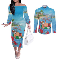 Monaco Christmas Couples Matching Off The Shoulder Long Sleeve Dress and Long Sleeve Button Shirt Swimming Santa Claus - Wonder Print Shop