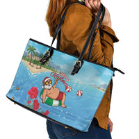 Monaco Christmas Leather Tote Bag Swimming Santa Claus - Wonder Print Shop
