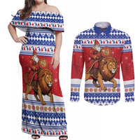 Armenia Christmas Couples Matching Off Shoulder Maxi Dress and Long Sleeve Button Shirt Santa Riding Lion - Wonder Print Shop