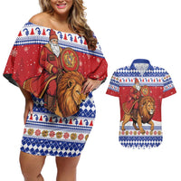 Armenia Christmas Couples Matching Off Shoulder Short Dress and Hawaiian Shirt Santa Riding Lion - Wonder Print Shop