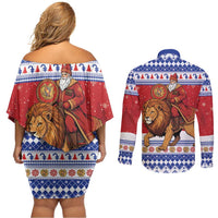 Armenia Christmas Couples Matching Off Shoulder Short Dress and Long Sleeve Button Shirt Santa Riding Lion - Wonder Print Shop