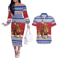 Armenia Christmas Couples Matching Off The Shoulder Long Sleeve Dress and Hawaiian Shirt Santa Riding Lion - Wonder Print Shop