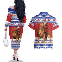Armenia Christmas Couples Matching Off The Shoulder Long Sleeve Dress and Hawaiian Shirt Santa Riding Lion - Wonder Print Shop