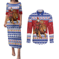 Armenia Christmas Couples Matching Puletasi and Long Sleeve Button Shirt Santa Riding Lion - Wonder Print Shop