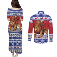 Armenia Christmas Couples Matching Puletasi and Long Sleeve Button Shirt Santa Riding Lion - Wonder Print Shop