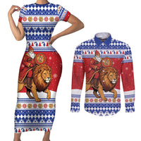 Armenia Christmas Couples Matching Short Sleeve Bodycon Dress and Long Sleeve Button Shirt Santa Riding Lion - Wonder Print Shop
