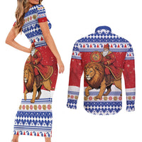 Armenia Christmas Couples Matching Short Sleeve Bodycon Dress and Long Sleeve Button Shirt Santa Riding Lion - Wonder Print Shop