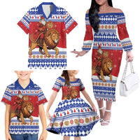 Armenia Christmas Family Matching Off The Shoulder Long Sleeve Dress and Hawaiian Shirt Santa Riding Lion - Wonder Print Shop