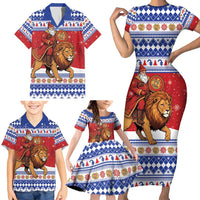 Armenia Christmas Family Matching Short Sleeve Bodycon Dress and Hawaiian Shirt Santa Riding Lion - Wonder Print Shop