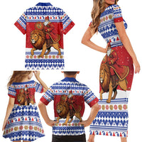 Armenia Christmas Family Matching Short Sleeve Bodycon Dress and Hawaiian Shirt Santa Riding Lion - Wonder Print Shop