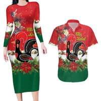 Portugal Christmas Couples Matching Long Sleeve Bodycon Dress and Hawaiian Shirt Rooster of Barcelos Christmas Lightning Art - Wonder Print Shop