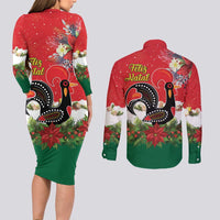 Portugal Christmas Couples Matching Long Sleeve Bodycon Dress and Long Sleeve Button Shirt Rooster of Barcelos Christmas Lightning Art - Wonder Print Shop