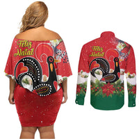 Portugal Christmas Couples Matching Off Shoulder Short Dress and Long Sleeve Button Shirt Rooster of Barcelos Christmas Lightning Art - Wonder Print Shop