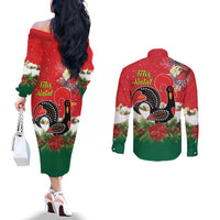 Portugal Christmas Couples Matching Off The Shoulder Long Sleeve Dress and Long Sleeve Button Shirt Rooster of Barcelos Christmas Lightning Art - Wonder Print Shop