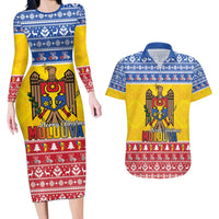 Moldova Christmas Couples Matching Long Sleeve Bodycon Dress and Hawaiian Shirt Coat Of Arms Craciun fericit - Wonder Print Shop