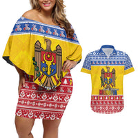 Moldova Christmas Couples Matching Off Shoulder Short Dress and Hawaiian Shirt Coat Of Arms Craciun fericit - Wonder Print Shop