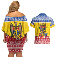Moldova Christmas Couples Matching Off Shoulder Short Dress and Hawaiian Shirt Coat Of Arms Craciun fericit - Wonder Print Shop