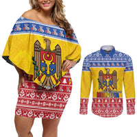 Moldova Christmas Couples Matching Off Shoulder Short Dress and Long Sleeve Button Shirt Coat Of Arms Craciun fericit - Wonder Print Shop