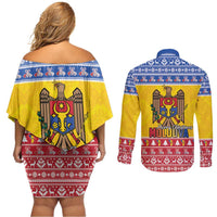 Moldova Christmas Couples Matching Off Shoulder Short Dress and Long Sleeve Button Shirt Coat Of Arms Craciun fericit - Wonder Print Shop
