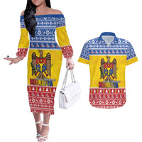 Moldova Christmas Couples Matching Off The Shoulder Long Sleeve Dress and Hawaiian Shirt Coat Of Arms Craciun fericit - Wonder Print Shop