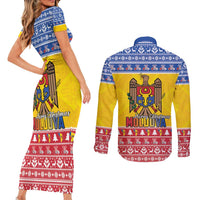 Moldova Christmas Couples Matching Short Sleeve Bodycon Dress and Long Sleeve Button Shirt Coat Of Arms Craciun fericit - Wonder Print Shop