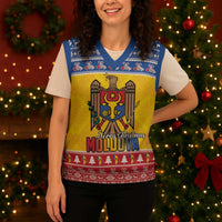 Moldova Christmas Knitted V-Neck Vest Coat Of Arms Craciun fericit - Wonder Print Shop