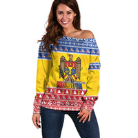 Moldova Christmas Off Shoulder Sweater Coat Of Arms Craciun fericit - Wonder Print Shop