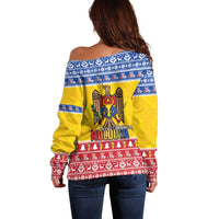 Moldova Christmas Off Shoulder Sweater Coat Of Arms Craciun fericit - Wonder Print Shop