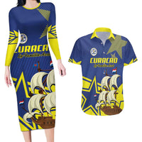 Curacao Football Pride Custom Couples Matching Long Sleeve Bodycon Dress and Hawaiian Shirt La Familia Azul Go Champions - Wonder Print Shop