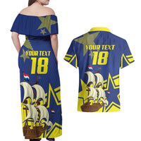 Curacao Football Pride Custom Couples Matching Off Shoulder Maxi Dress and Hawaiian Shirt La Familia Azul Go Champions - Wonder Print Shop