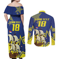 Curacao Football Pride Custom Couples Matching Off Shoulder Maxi Dress and Long Sleeve Button Shirt La Familia Azul Go Champions - Wonder Print Shop
