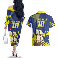 Curacao Football Pride Custom Couples Matching Off The Shoulder Long Sleeve Dress and Hawaiian Shirt La Familia Azul Go Champions - Wonder Print Shop