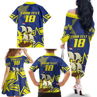 Curacao Football Pride Custom Family Matching Off The Shoulder Long Sleeve Dress and Hawaiian Shirt La Familia Azul Go Champions - Wonder Print Shop