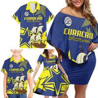 Curacao Football Pride Custom Family Matching Off Shoulder Short Dress and Hawaiian Shirt La Familia Azul Go Champions - Wonder Print Shop