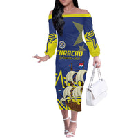 Curacao Football Pride Custom Off The Shoulder Long Sleeve Dress La Familia Azul Go Champions - Wonder Print Shop