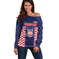 Custom Croatia Football Off Shoulder Sweater Hrvatska Chessboard Heritage - Wonder Print Shop