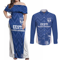 Custom Estonia Football Couples Matching Off Shoulder Maxi Dress and Long Sleeve Button Shirt Eesti Jalgpallikoondis