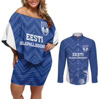 Custom Estonia Football Couples Matching Off Shoulder Short Dress and Long Sleeve Button Shirt Eesti Jalgpallikoondis