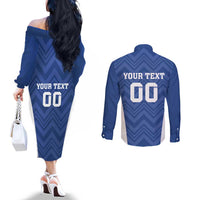 Custom Estonia Football Couples Matching Off The Shoulder Long Sleeve Dress and Long Sleeve Button Shirt Eesti Jalgpallikoondis