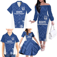 Custom Estonia Football Family Matching Off The Shoulder Long Sleeve Dress and Hawaiian Shirt Eesti Jalgpallikoondis