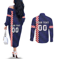 Custom Croatia Volleyball Couples Matching Off The Shoulder Long Sleeve Dress and Long Sleeve Button Shirt Go Champions Sahovnica